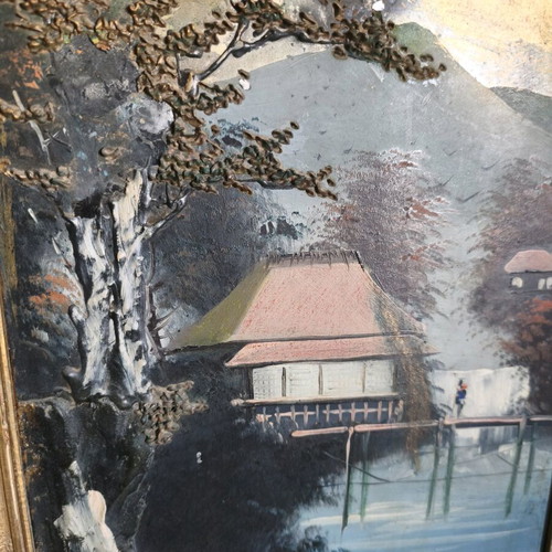 Vintage oil painting of Asian landscape like new with embossed details and gold carved frame