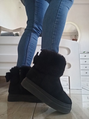 Fur women's ankle boots with bow, used, size 36, black