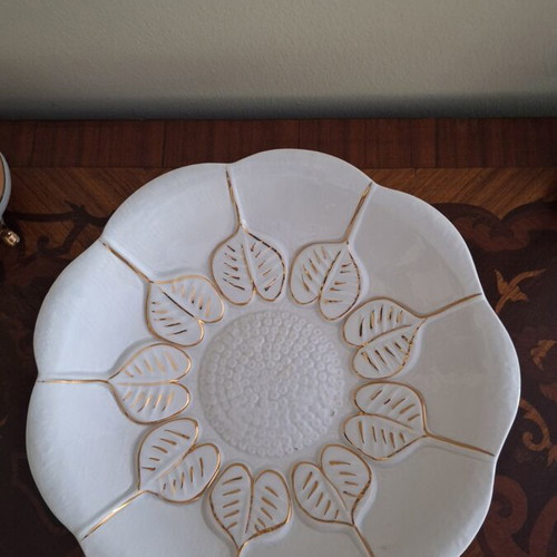 Handmade ceramic platter white with gold decoration, like new