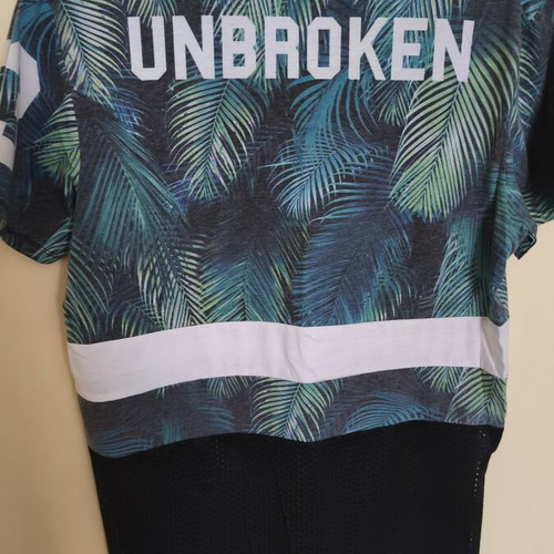 Bershka men's t-shirt with palm design and mesh hem used, size M