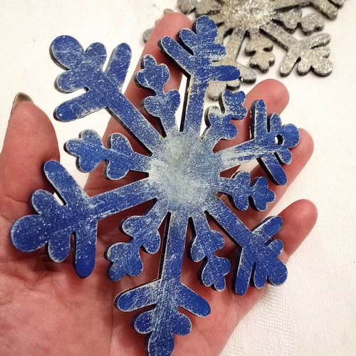 Wooden snowflake elements used, pack of 2, blue with silver glitter