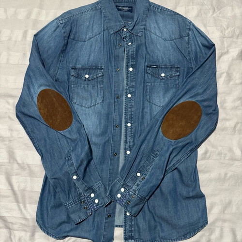 Pull & Bear Denim shirt with leather elbow patches, like new, size L