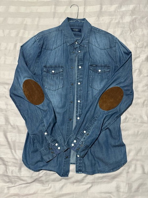 Pull & Bear Denim shirt with leather elbow patches, like new, size L