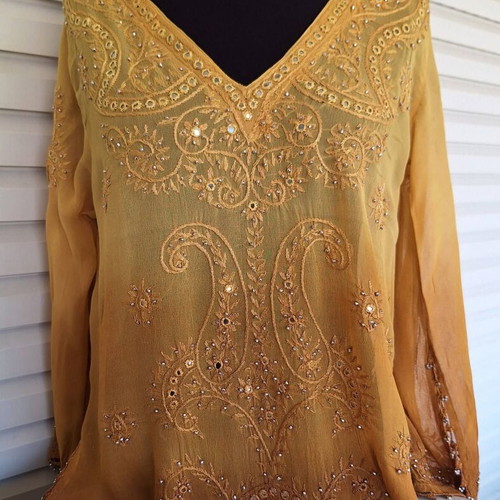 Blouse with Embroidery and Crystals New, Size M, Brown and Yellow