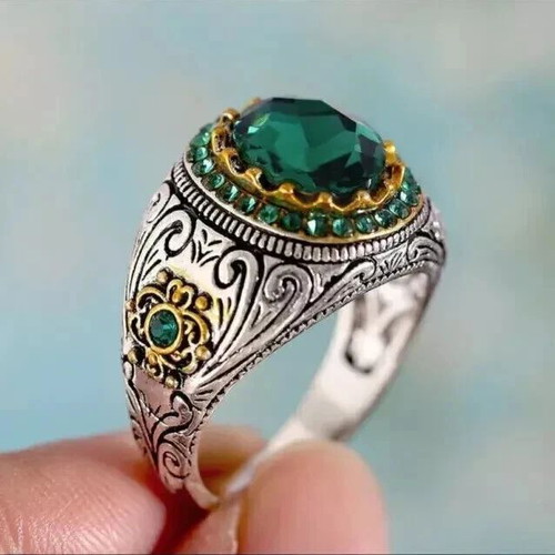 Men's ring with emerald and zircon new, silver plated