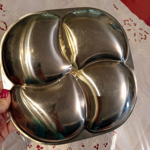 Vintage metal bowl snack tray with 4 compartments, used
