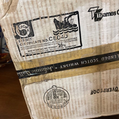 Johnnie Walker Black Label old packaging used, 1970s cardboard box