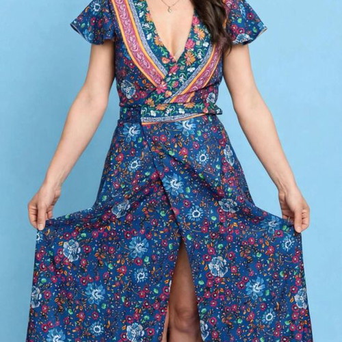 Floral Print Long Summer Dress like new, bat sleeve, v neck, wrap boho
