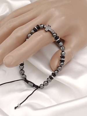 Unisex Μαύρο Βραχιόλι με Ημιπολύτιμες Πέτρες και Σταυρό με Cubic Zirconia