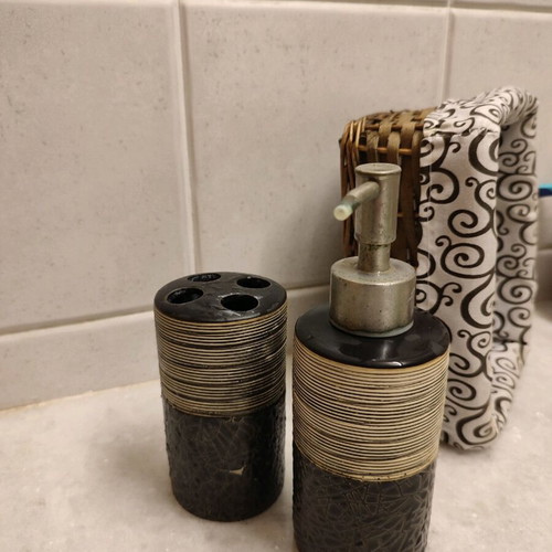 Bathroom set used with soap dispenser, toothbrush holder, and basket