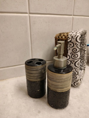 Bathroom set used with soap dispenser, toothbrush holder, and basket