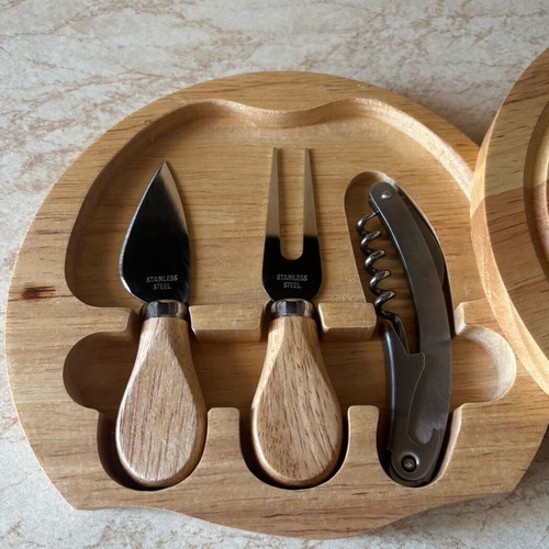Cheese and wine set unused with wooden holder and stainless steel