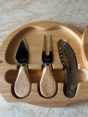 Cheese and wine set unused with wooden holder and stainless steel