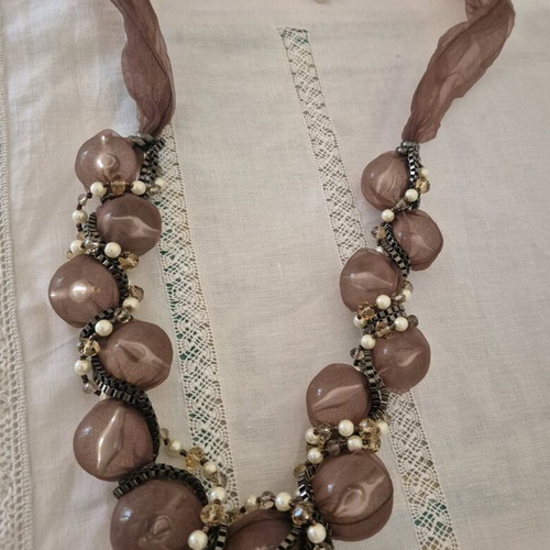 Necklace with Fabric, Glass Balls, Faux Pearls and Beads