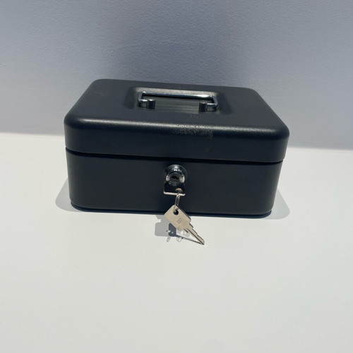 Portable cash box with 2 keys like new, metal, black matte