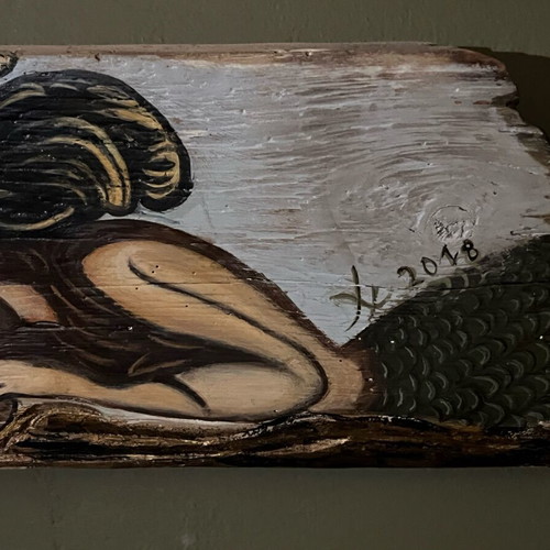 Mermaid on old Patmos boat wood new with signature