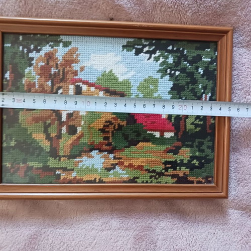 Embroidered textile painting in frame like new, house in forest