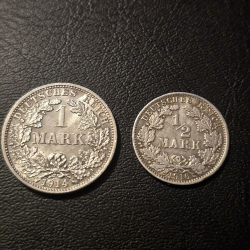 Silver 1 Mark and 1/2 Mark coins 1914 and 1916