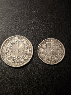 Silver 1 Mark and 1/2 Mark coins 1914 and 1916