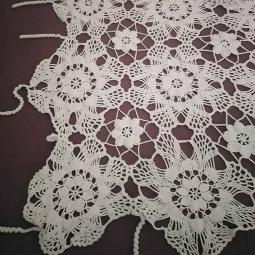 Antique handmade crochet tablecloth used, cotton thick yarn, off-white