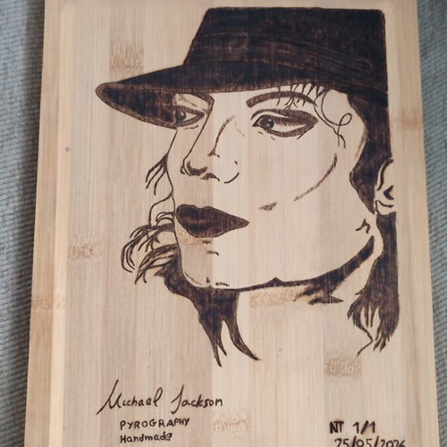Michael Jackson pyrography on bamboo wood like new