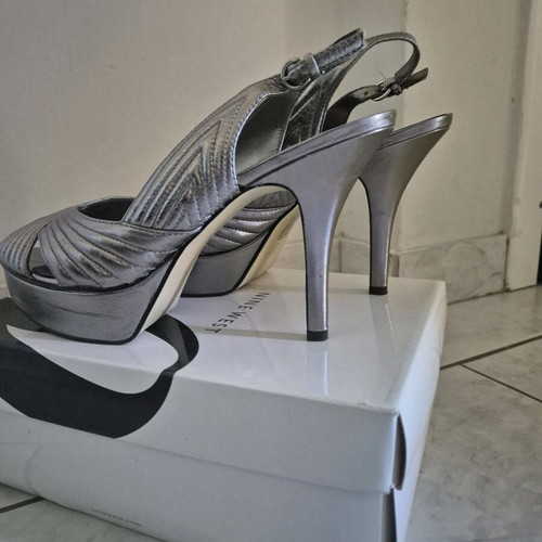 Nine West women's sandals used, leather, gray metallic, size 40, 11cm heel