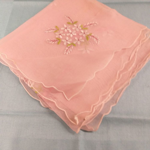Machine embroidery runner from pink organza with floral design like new