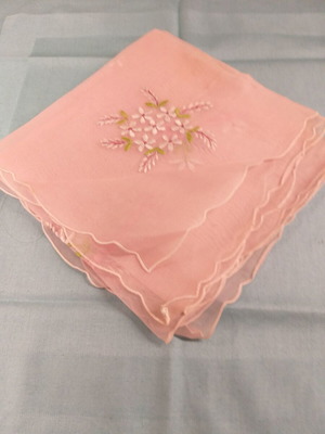 Machine embroidery runner from pink organza with floral design like new