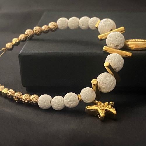Handmade bracelet new with semi-precious lava stones and steel motifs