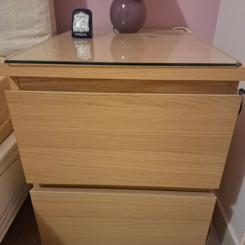 Malme nightstands IKEA, oak color with glass top, set of 2
