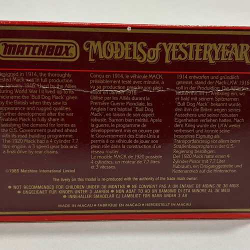 Matchbox 1986 Models of Yesteryear Y-30 1920 Model AC Mack like new