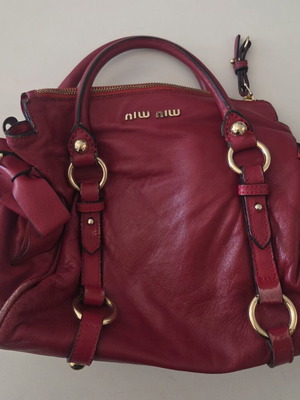 Miu Miu Vitello Lux Mini Bow Bag used, red handheld