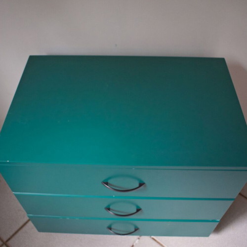 Wooden drawer cabinet used green with 3 drawers and wheels