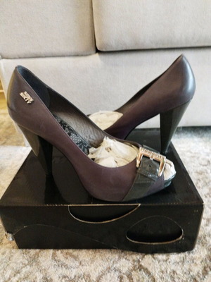 Miss Sixty pencil color pumps like new, leather with patent and silver buckle