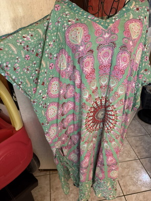 Green Paisley Kaftan Dress, Boho Style