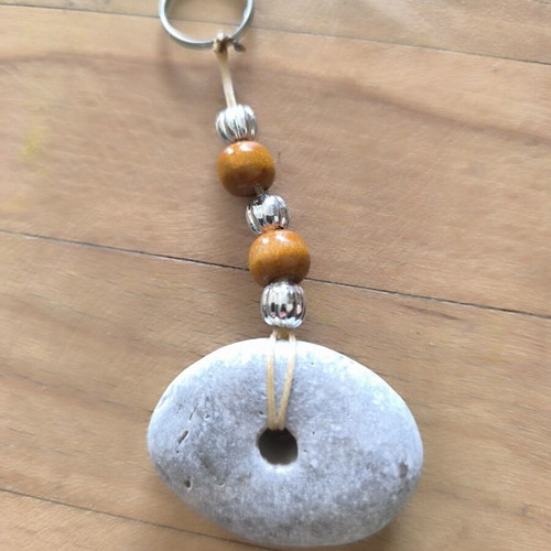 Handmade keychain with natural pebble and wooden beads
