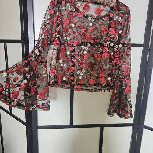 Shein see-through red roses long sleeve top size S like new