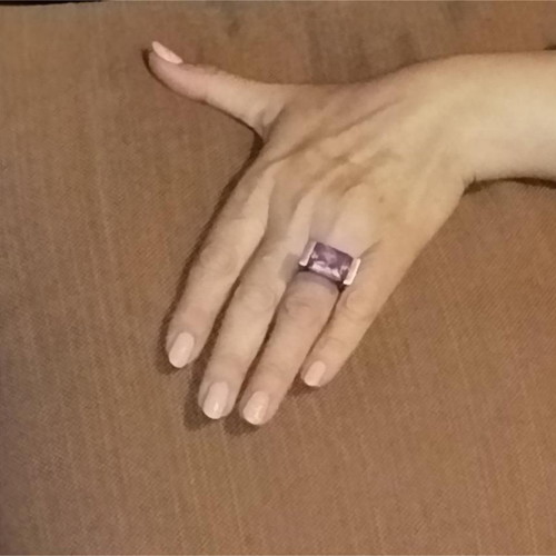Silver geometric ring used with purple rectangular crystal