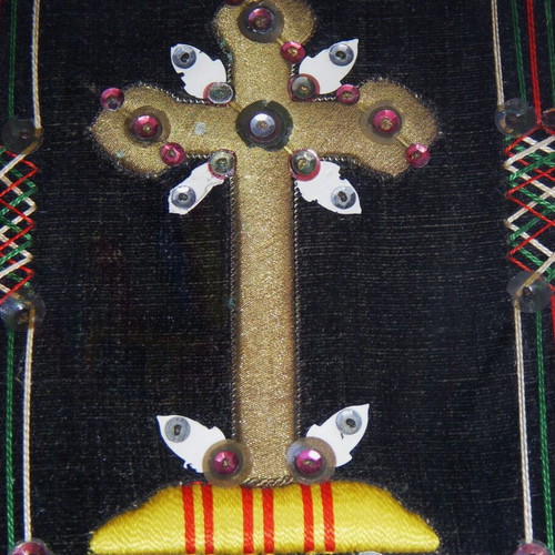 Vintage handmade embroidery Cross with gold thread and sequins in white frame
