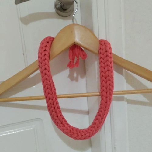 Handmade chunky coral red knitted necklace