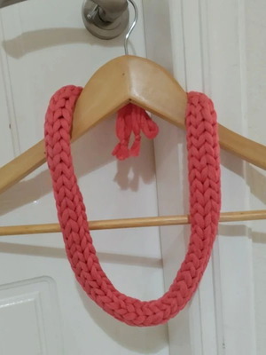 Handmade chunky coral red knitted necklace