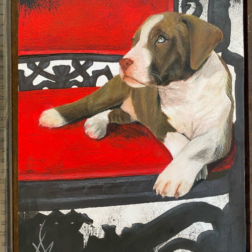 Pitbull Puppie painting on A4 paper with acrylics and pencils