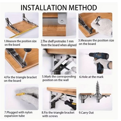Folding Shelf Brackets Set of 2, Solid Metal, Stainless Steel, Adjustable