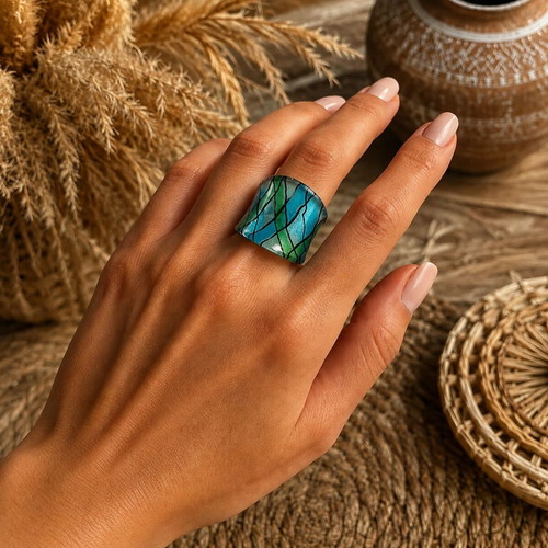 Handmade Murano style glass ring, size 53, blue and green