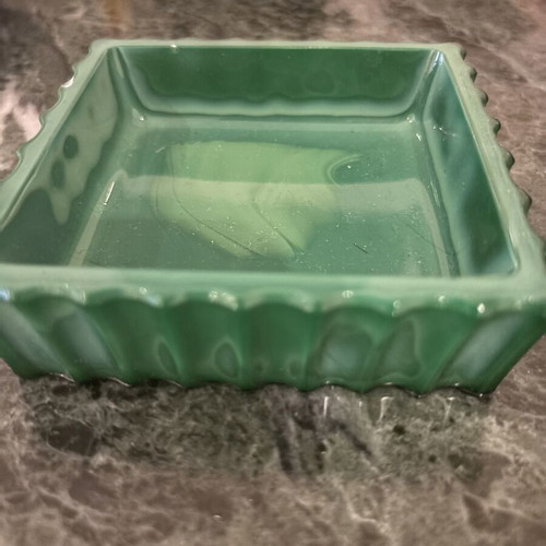 Art Deco Malachite Glass Jewelry Box with Embossed Water Nymph, Vintage