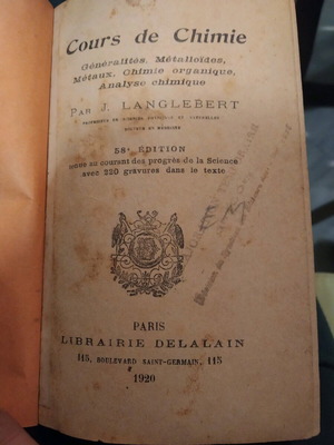 Chemistry book used from 1920, Librairie Delalain Paris