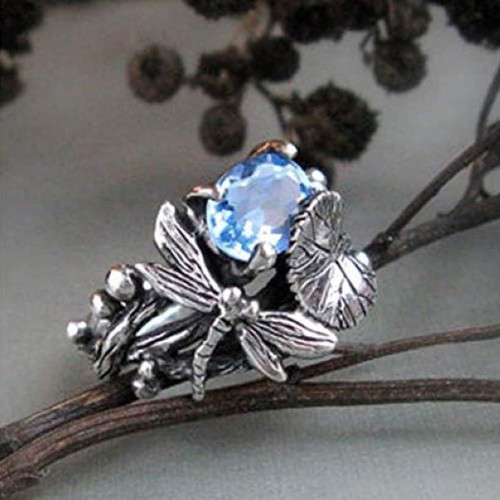 Fashion women's ring with blue topaz and dragonfly, new