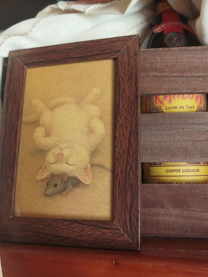 Cat and Mouse Vintage Framed Art Print 10x15 cm new