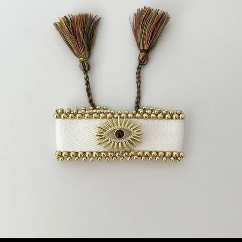 Fabric bracelet with metallic eye and gold beads, new
