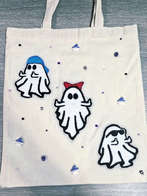 Handmade shoulder tote bag with three ghosts, cotton, new
